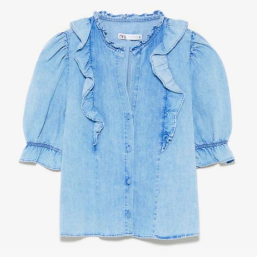 Zara Ruffled Denim Button Down Shirt Size M